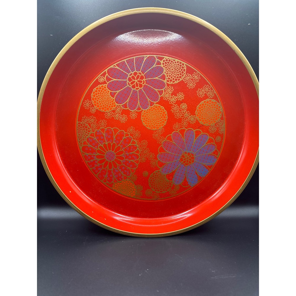 Vintage Japanese Red Lacquerware Serving Tray Floral Chrysanthemum Made in Japan